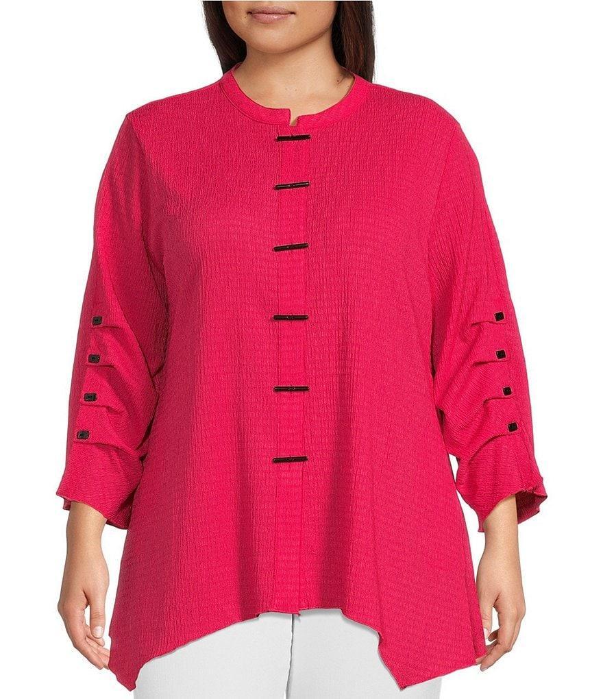 Calessa Plus Size Textured Crinkle Knit Banded Collar 3/4 Sleeve Button Front Tunic Product Image