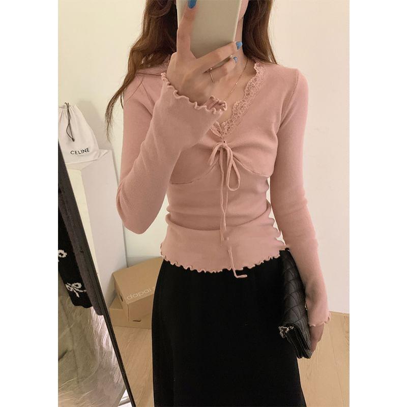 Long-Sleeve V-Neck Plain Bow Lettuce Edge Lace Trim Knit Top Product Image