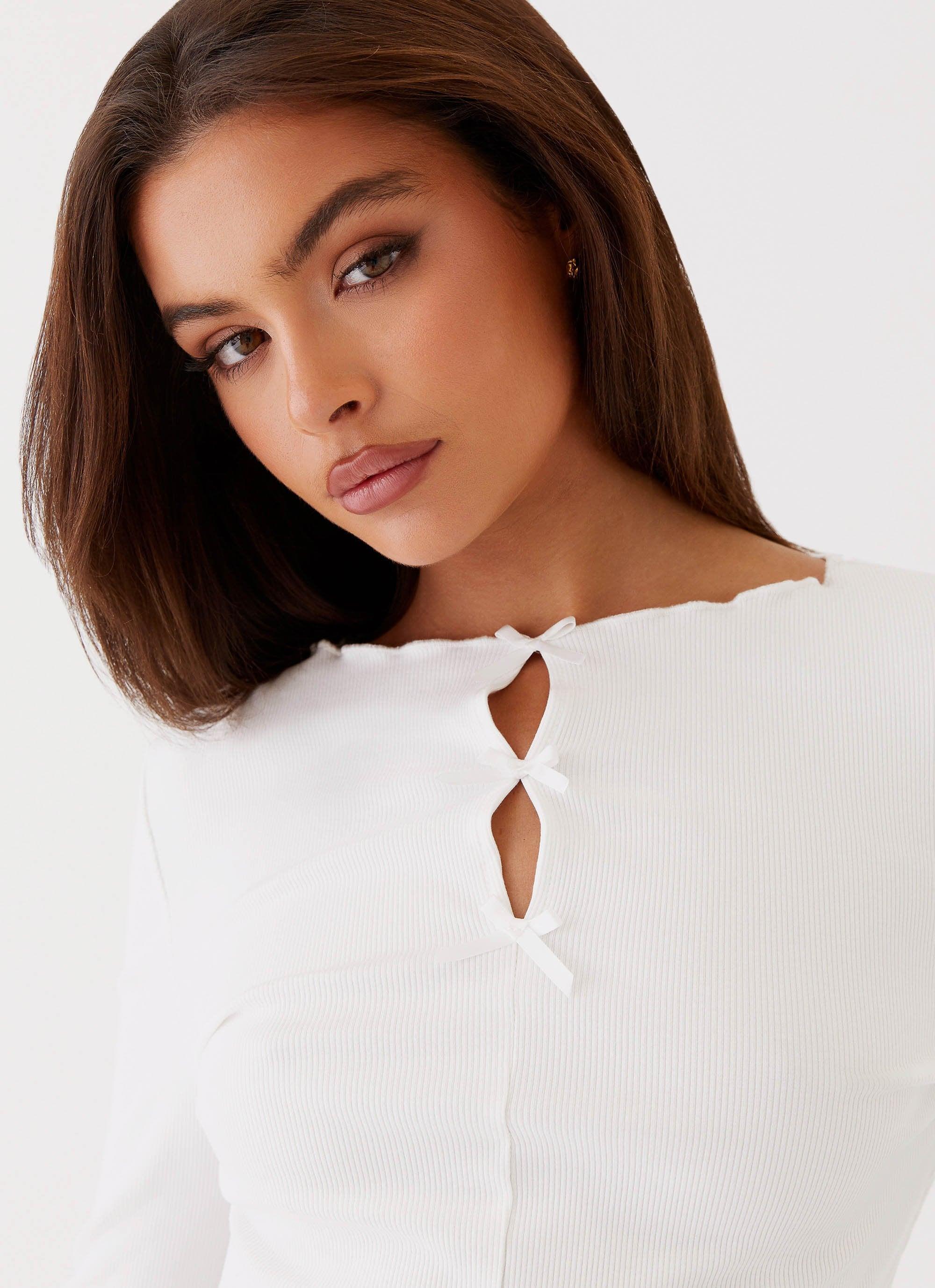 Simone Long Sleeve Bow Top - White Product Image