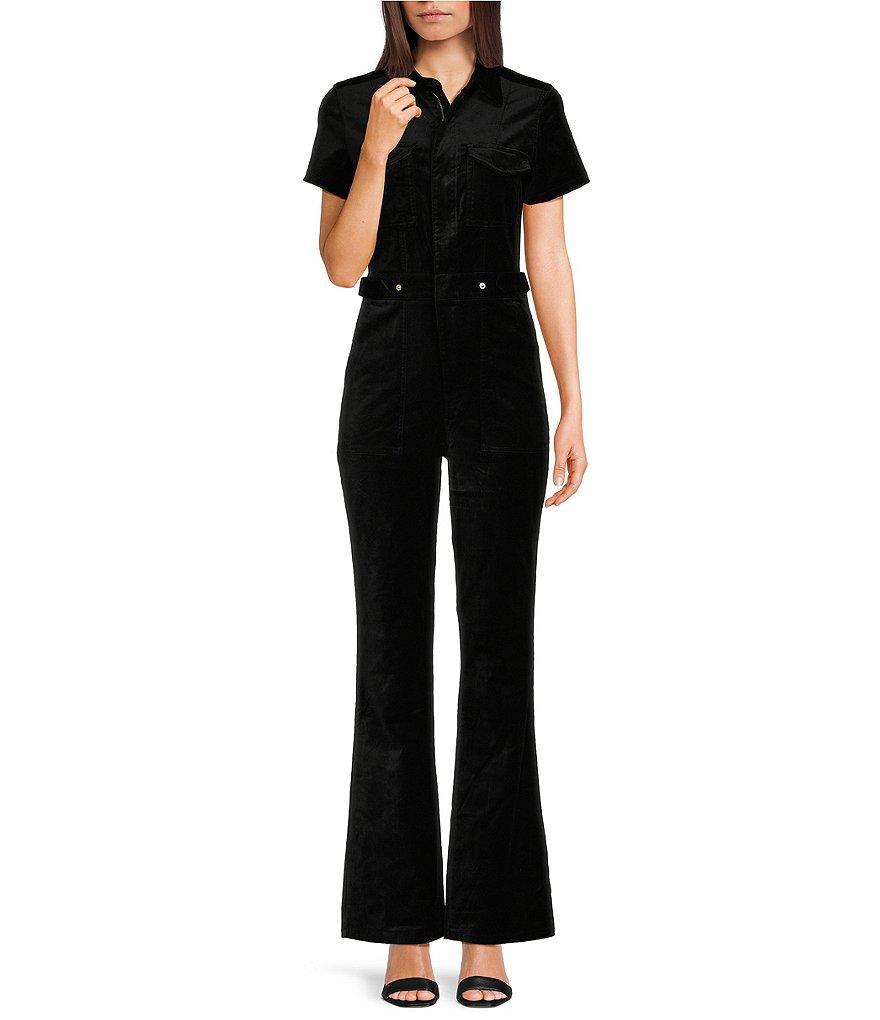 Good American Velvet Fit For Success Point Collar Neck Short Sleeve Bootcut Jumpsuit Product Image