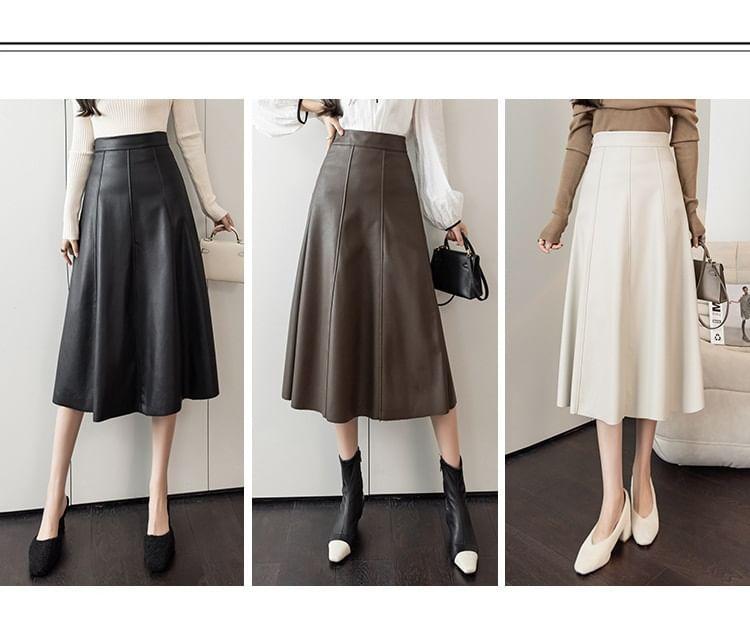 High Waist Plain Faux Leather Midi A-Line Skirt Product Image