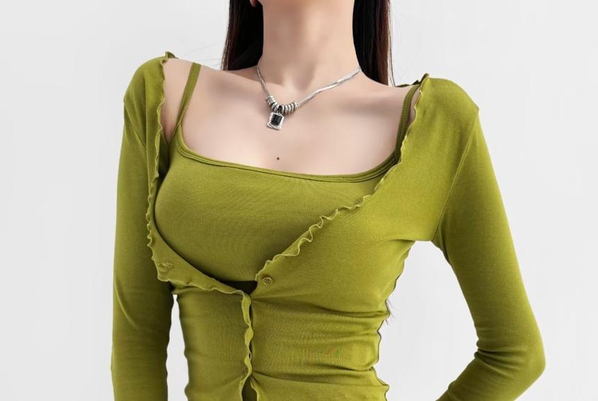 Set: Scoop Neck Plain Crop Cami Top + Lettuce Edge Button-Up Cardigan Product Image