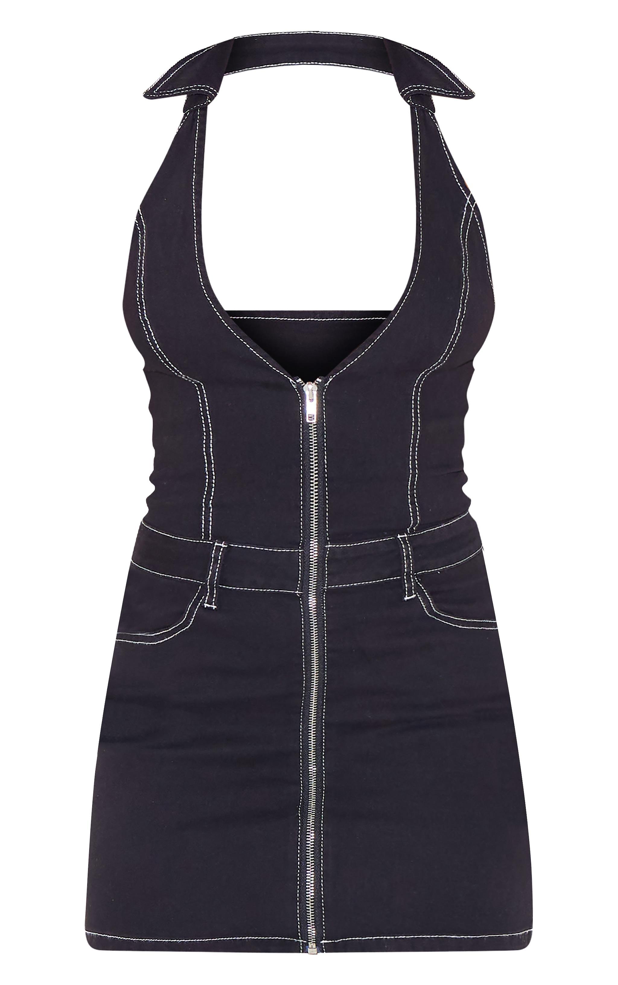 Black Contrast Stitch Halterneck Denim Mini Dress Product Image