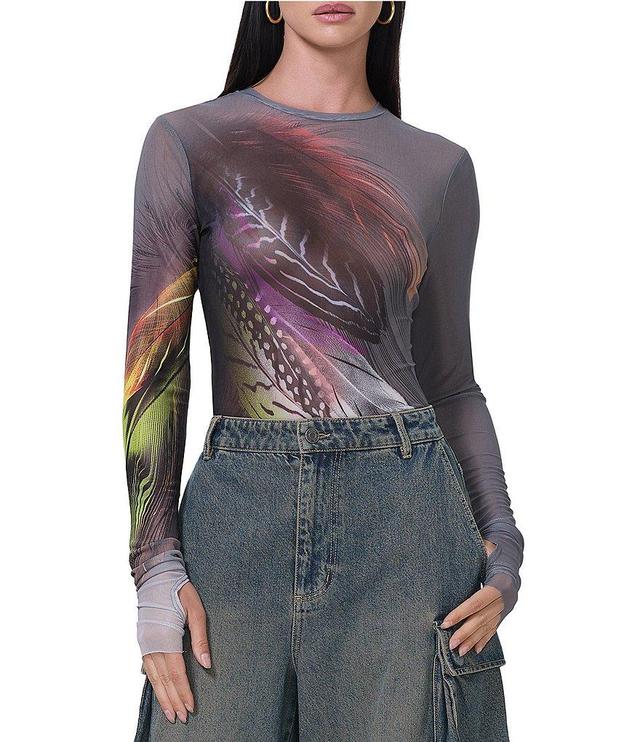 AFRM Kaylee Feather Printed Mesh Crew Neck Long Sleeve Top Product Image