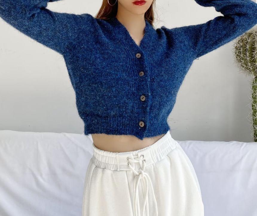 V-Neck Plain Button Cropped Cardigan Product Image