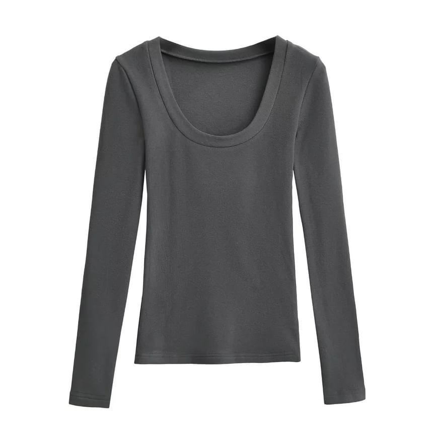 Long Sleeve Scoop Neck Plain Crop T-Shirt Product Image