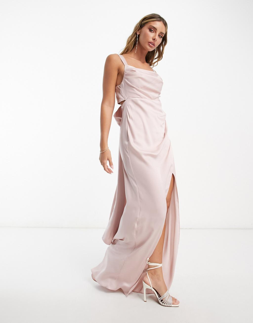 ASOS DESIGN Bridesmaid satin drape maxi dress with bow back in blush pink Product Image