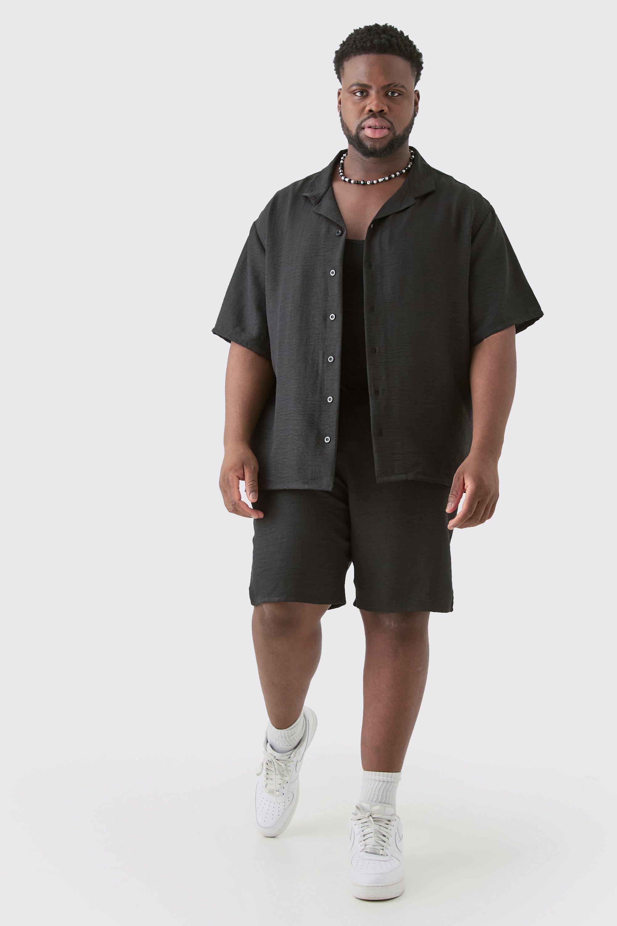 Plus Short Sleeve Drop Revere Linen Shirt & Short Set In Black | boohooMAN USA Product Image