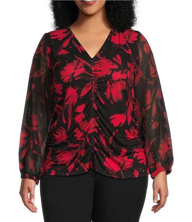 Calvin Klein Plus Size Floral V-Neck Long Sleeve Gathered Front Top Product Image