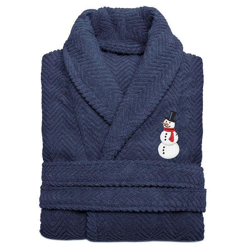 Linum Home Textiles Herringbone Weave Embroidered Snowman Bathrobe, Womens Black Blue Product Image