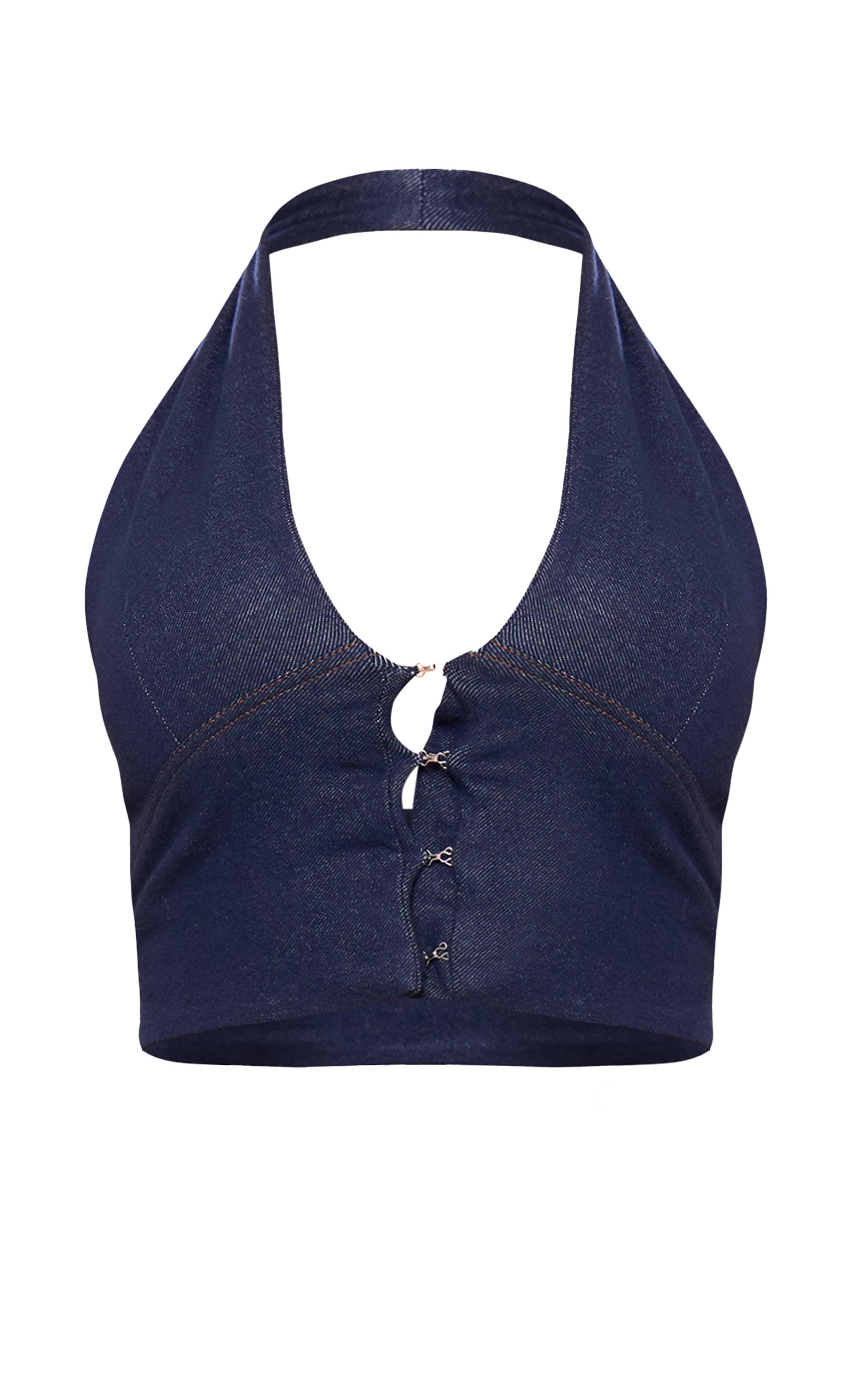 Blue Denim Look Double Layer Halterneck Crop Top Product Image