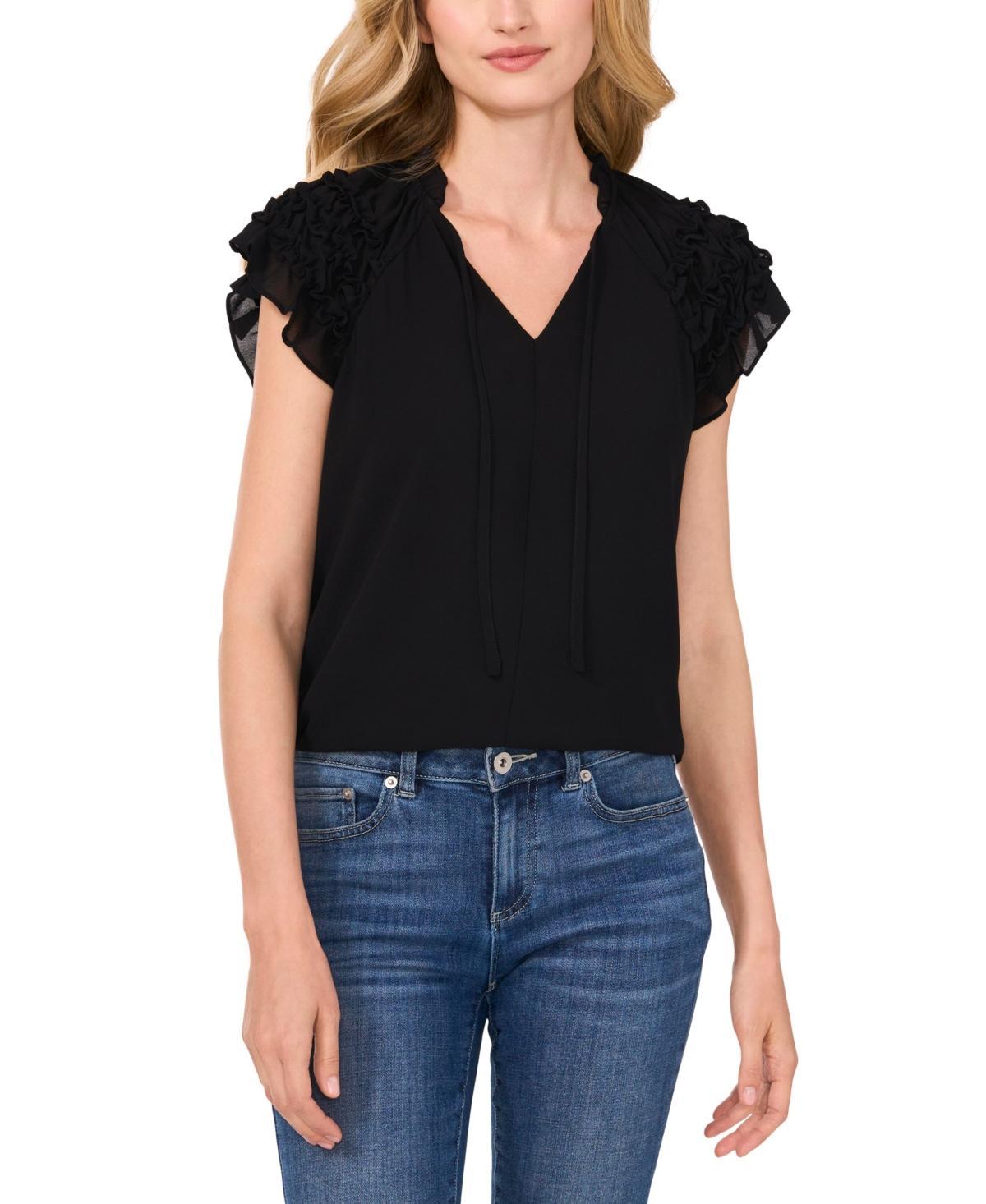 Women's Ruched Ruffle Raglan Sleeve V-Neck Blouse Product Image