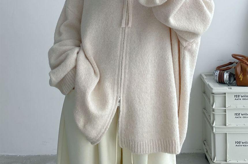 Hooded Drop Shoulder Plain Zip Up Oversized Cardigan Product Image