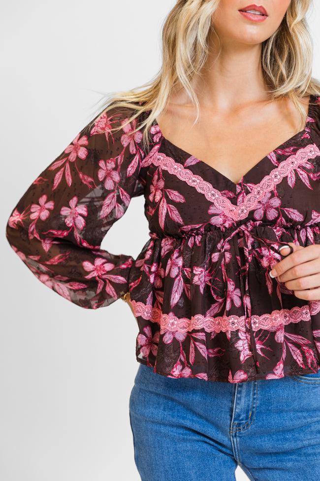 In My Dreams Brown and Pink Lace Trim Floral Blouse Product Image