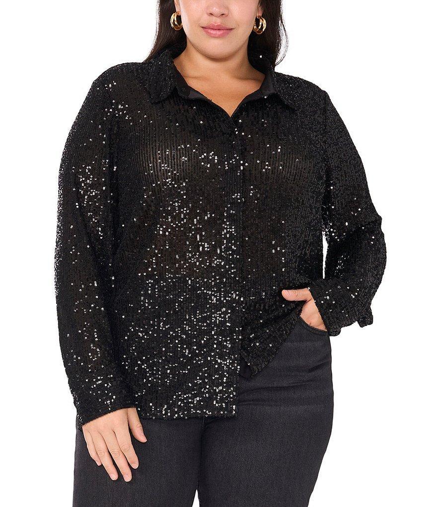 Vince Camuto Plus Size Woven Sequin Point Collar Long Sleeve Button Front Shirttail Blouse Product Image