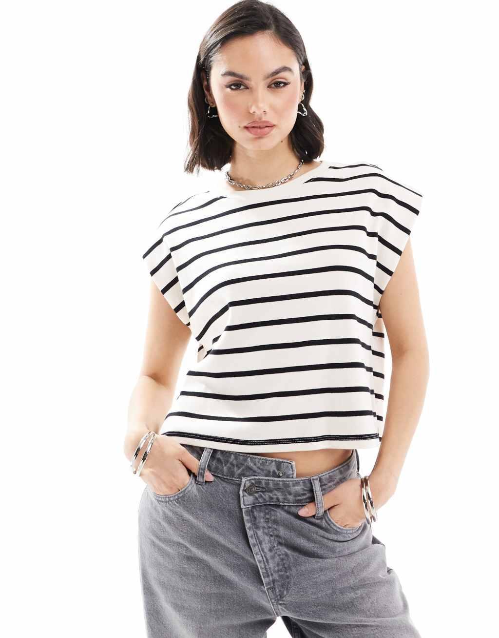 Mango shoulder detail striped top in white Product Image