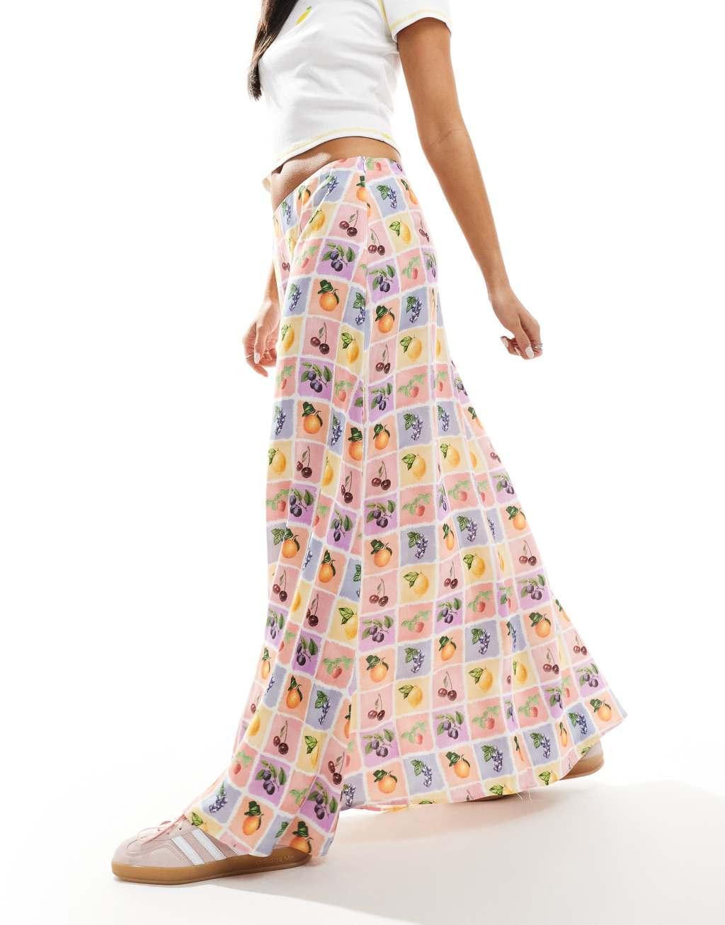 ASOS DESIGN linen mix maxi skirt in tile fruit print Product Image