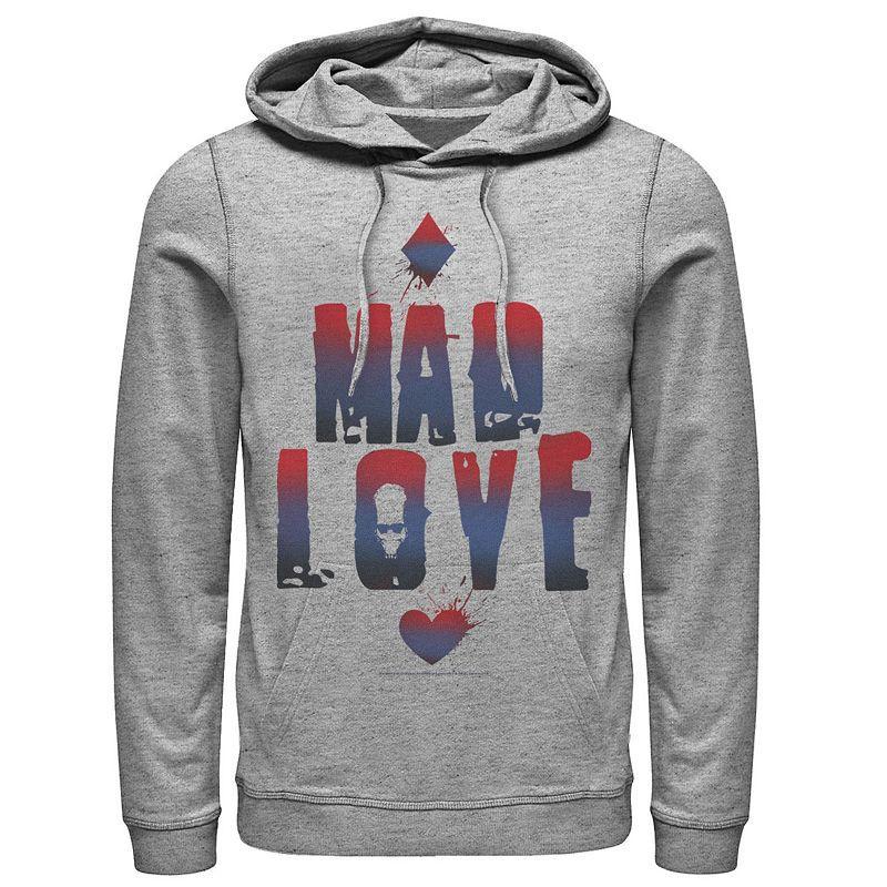 Mens DC Comics Batman Harley Quinn And Joker Mad Love Text Hoodie, Mens Athletic Grey Product Image