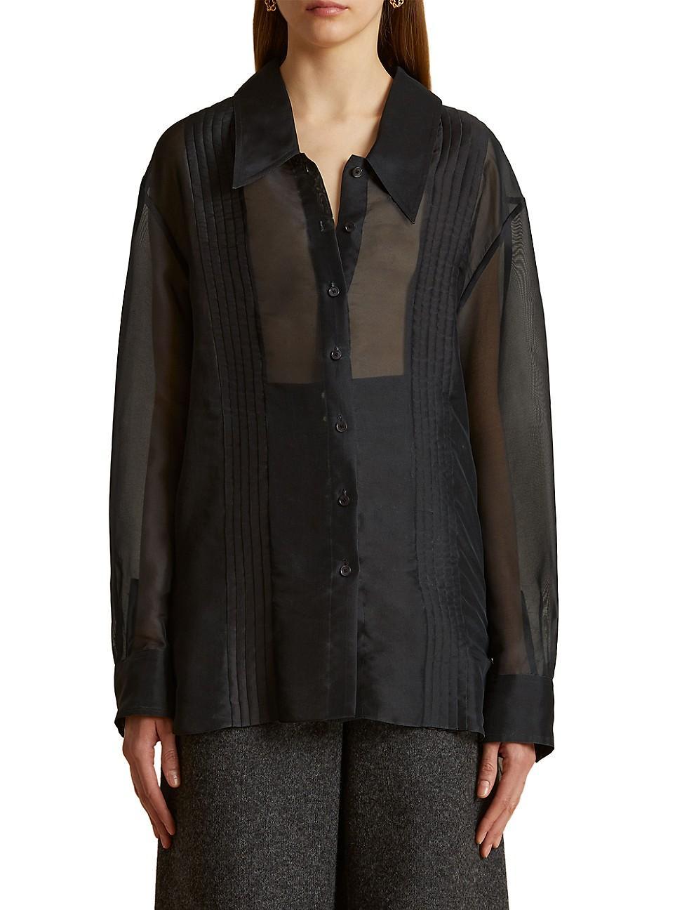 Khaite Nori Pleated Sheer Silk Button-Up Shirt Product Image