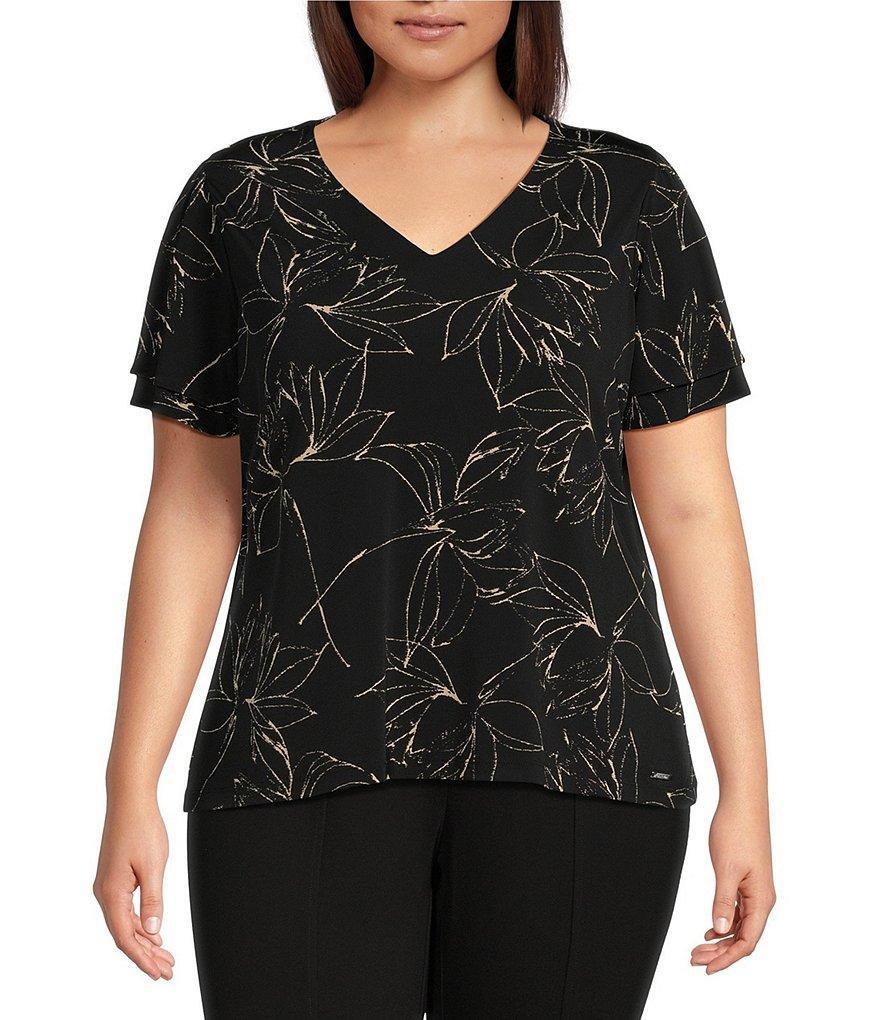 Calvin Klein Plus Size Matte Knit Jersey Sketch Floral Print Short Flutter Sleeve V-Neck Top Product Image