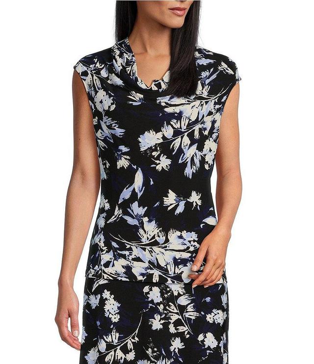 Kasper Stretch Crepe Floral Print Cowl Neck Cap Sleeve Top Product Image