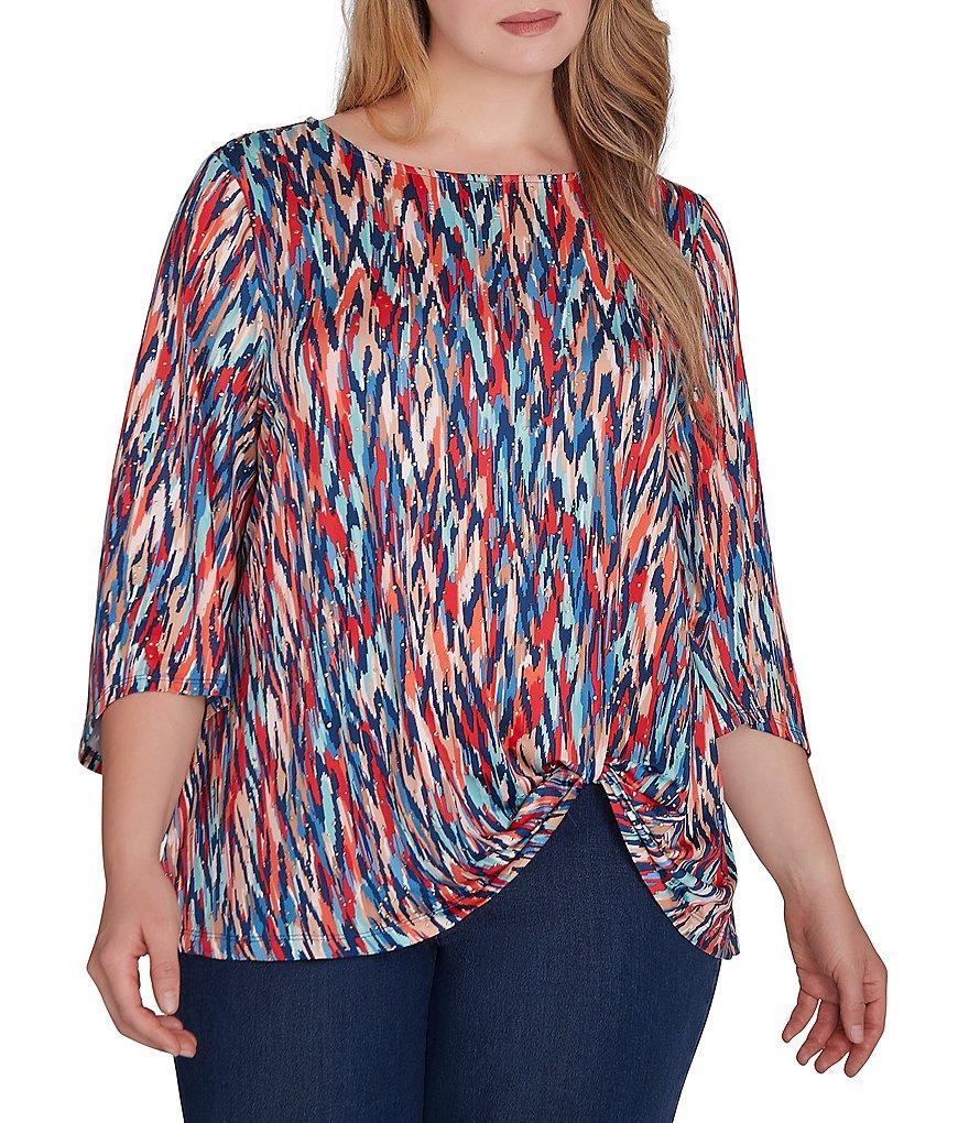 Ruby Rd. Plus Size Knit Ikat Print Crew Neck 3/4 Sleeve Twist Front Hem Dew Drop Accent Detail Top Product Image