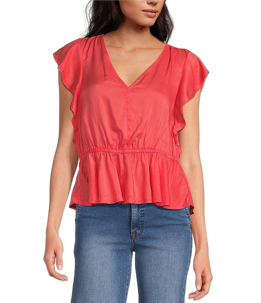 Sam Edelman V-Neck Flutter Cap Sleeve Peplum Blouse Product Image