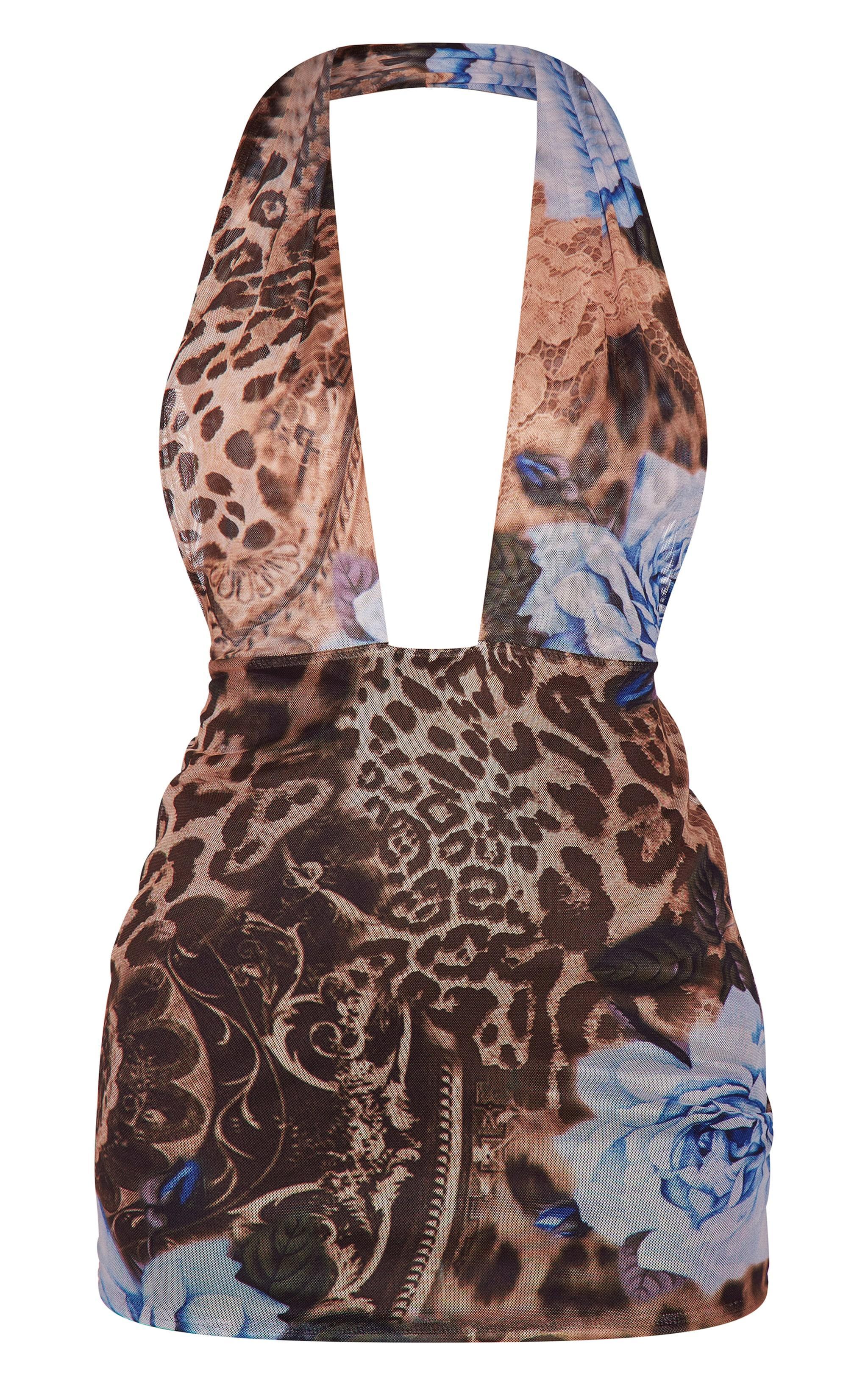 Leopard Print Mesh Backless Halterneck Bodycon Dress Product Image