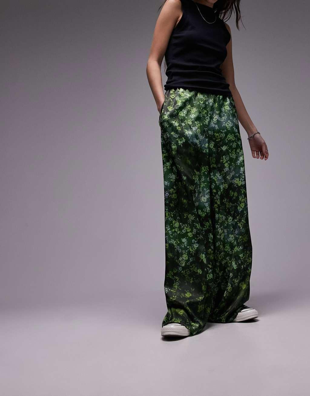 Topshop satin print wide leg pull on pants in green Product Image