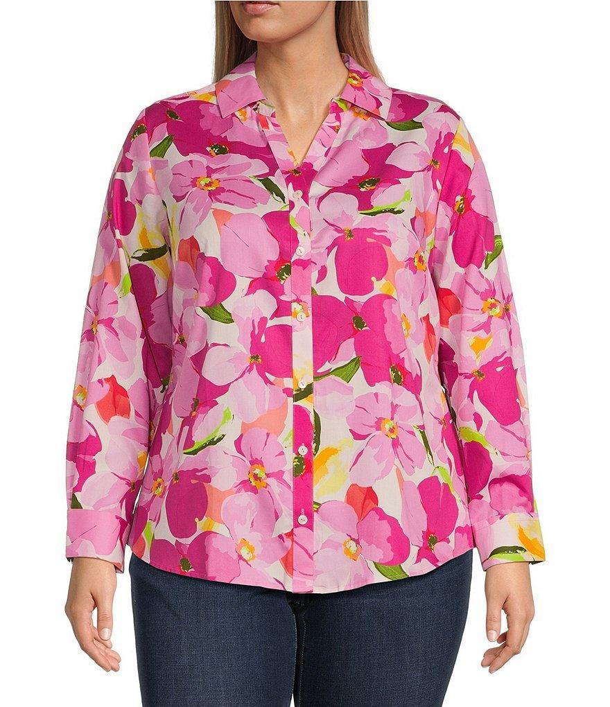 Foxcroft Plus Size Mary Y-Neck Point Collar Long Sleeve Button Front Shirt Product Image