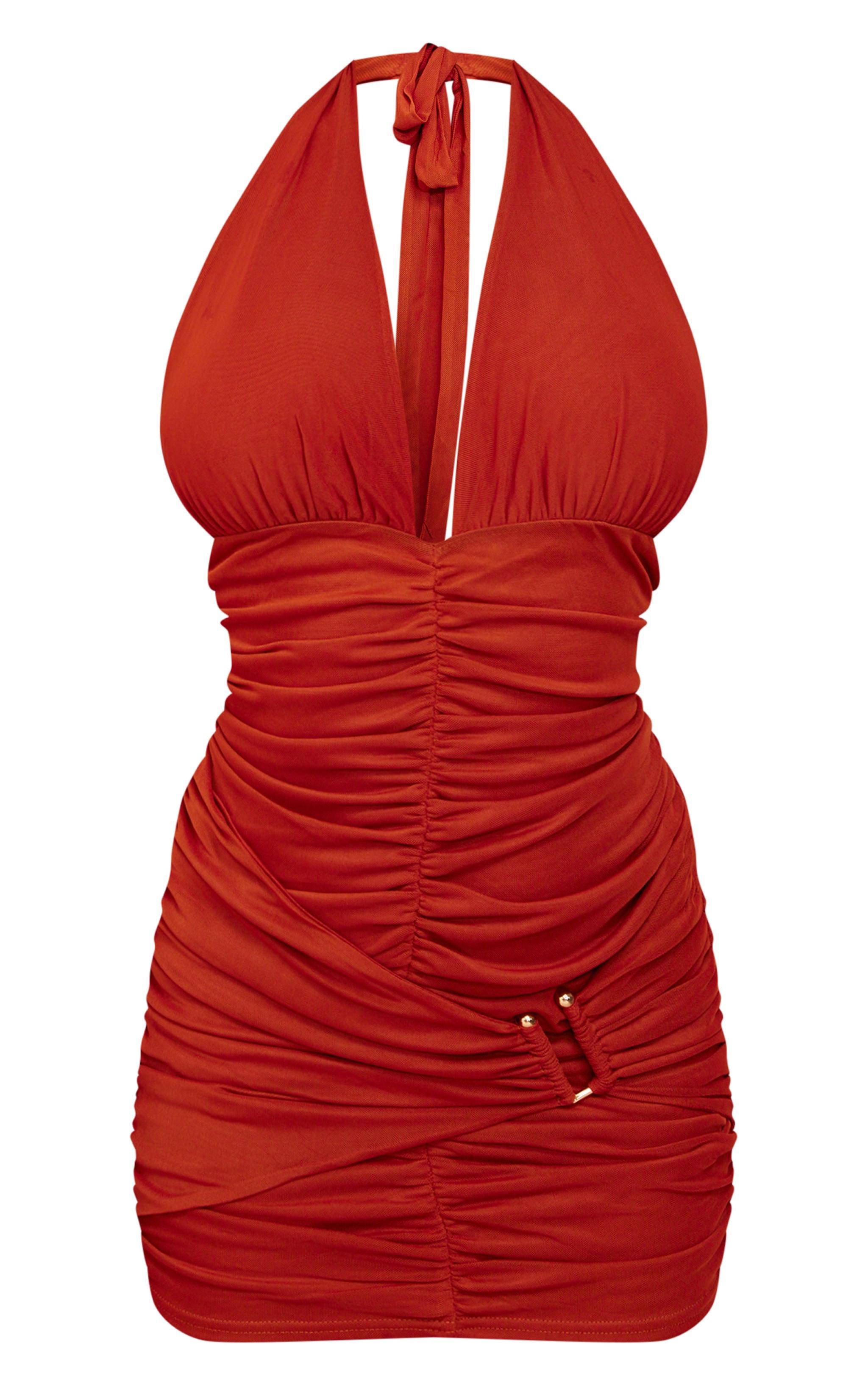 Orange Mesh Halterneck Ruched Bodycon Dress Product Image