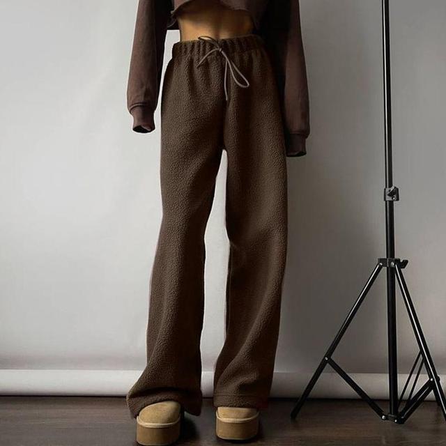 Drawstring Waist Plain Fleece Wide Leg Sweatpants Product Image