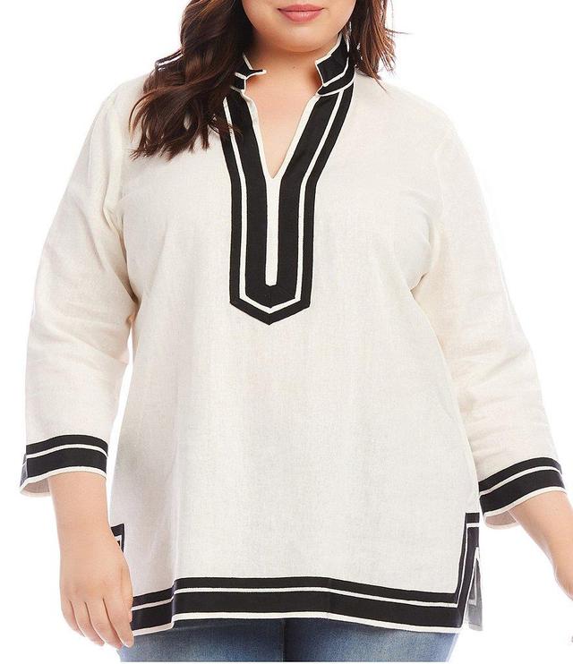 Karen Kane Plus Size St. Tropez Mandarin V-Neck 3/4 Sleeve Contrast Trim Side Slit Hem Tunic Product Image