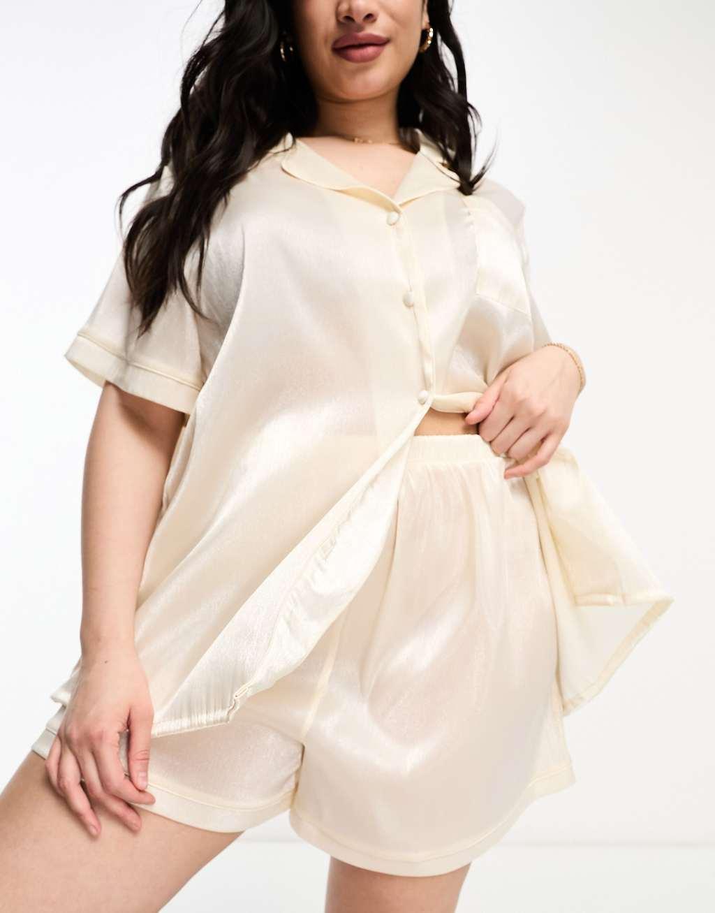 Loungeable Curve bridesmaid taffeta short sleeve camp collar shirt and shorts set in ivory Product Image