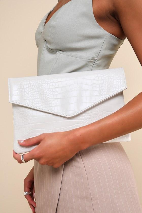 Leelou White Crocodile Embossed Clutch Product Image