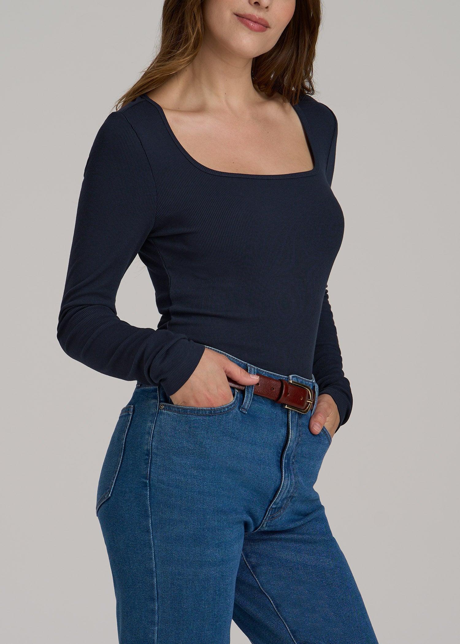 Long Sleeve Ribbed Squareneck Top for Tall Women in Evening Blue Female Product Image