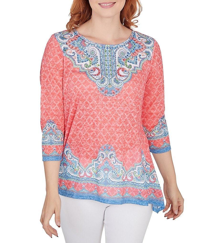 Ruby Rd. Petite Size Moroccan Print Knit Bead Embellished Scoop Neck 3/4 Sleeve Sharkbite Hem Top Product Image