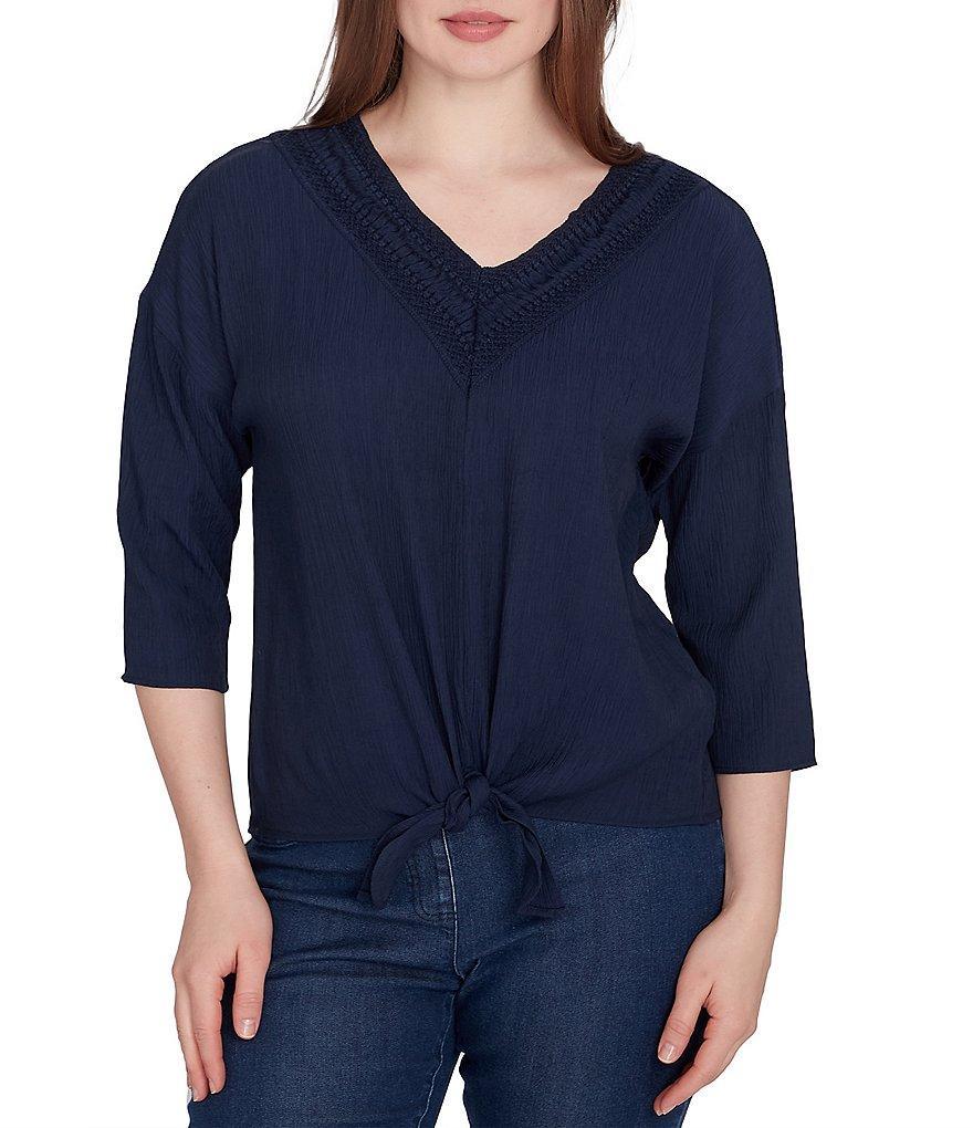 Ruby Rd. Petite Size Woven Gauze V-Neck 3/4 Sleeve Tie-Front Top Product Image