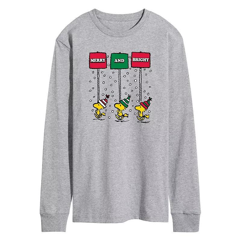 Mens Peanuts Woodstock Merry & Bright Long Sleeve Graphic Tee Grey Gray Product Image