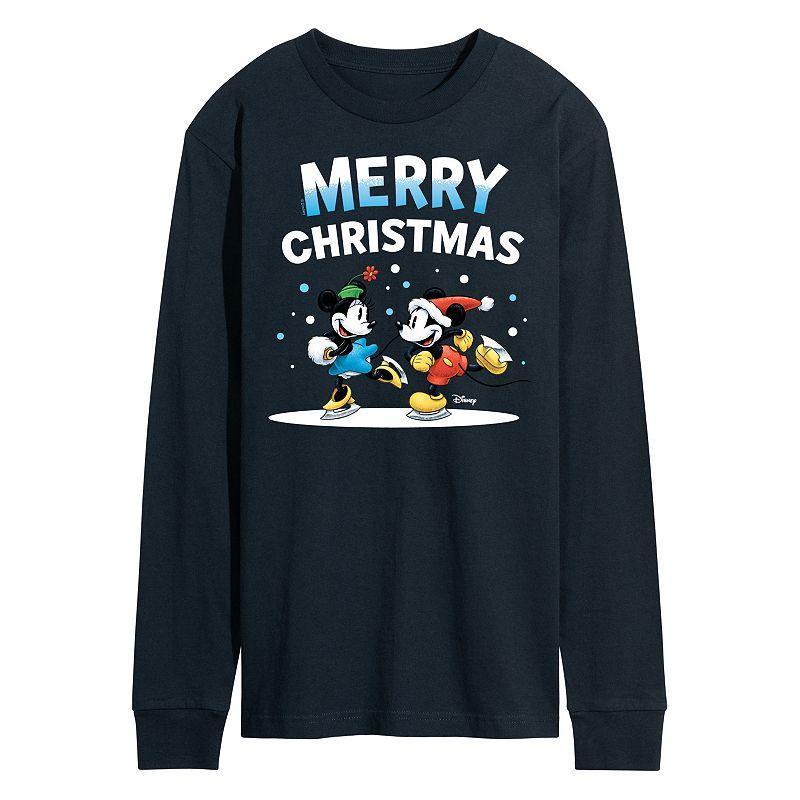 Disneys Mickey & Minnie Mouse Mens Merry Christmas Long Sleeve Graphic Tee Blue Product Image