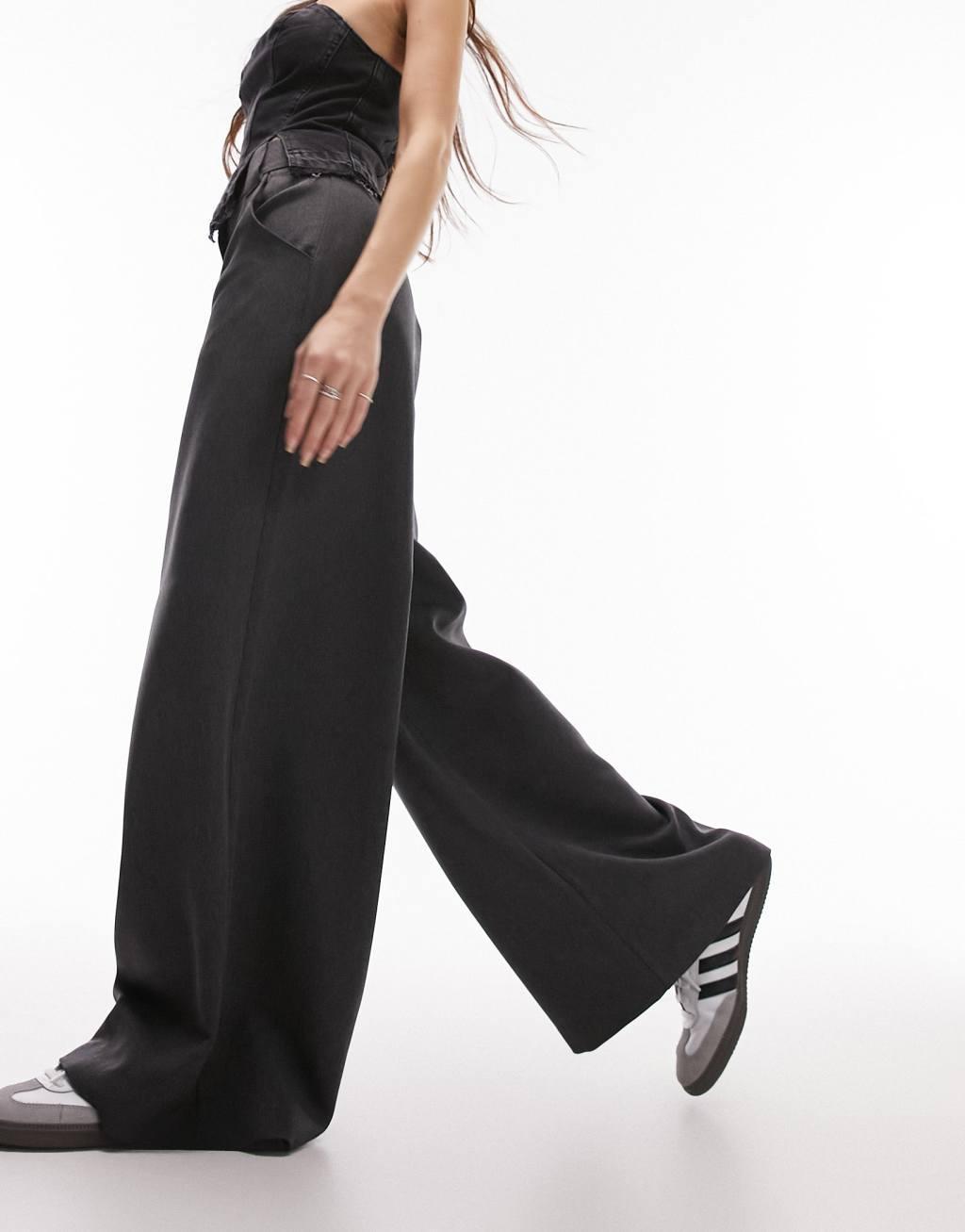 Topshop high waist flood length pants in black Product Image