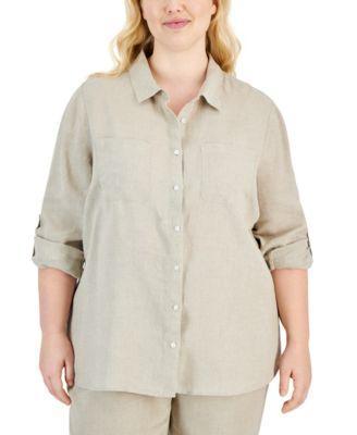 Plus Size 100% Linen Roll-Tab Shirt, Created for Macy's Product Image