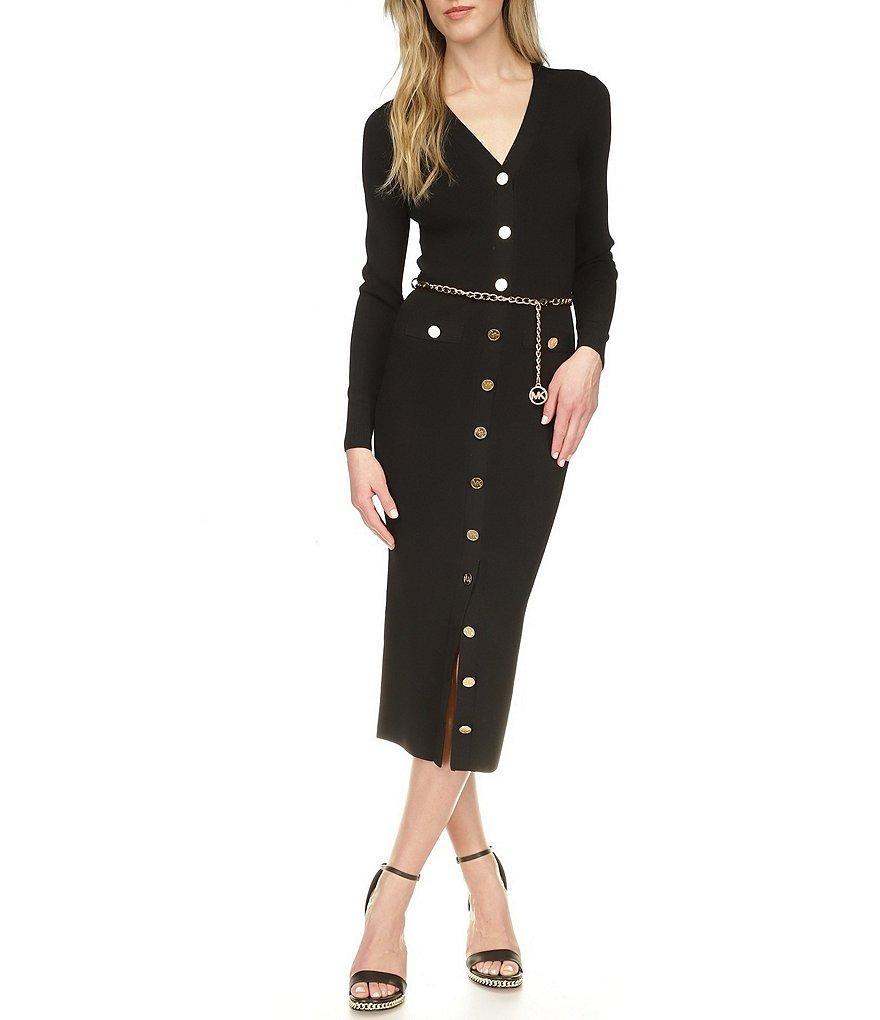 Michael Kors Knit V-Neck Long Sleeve Belted Button-Front Midi Dress Product Image