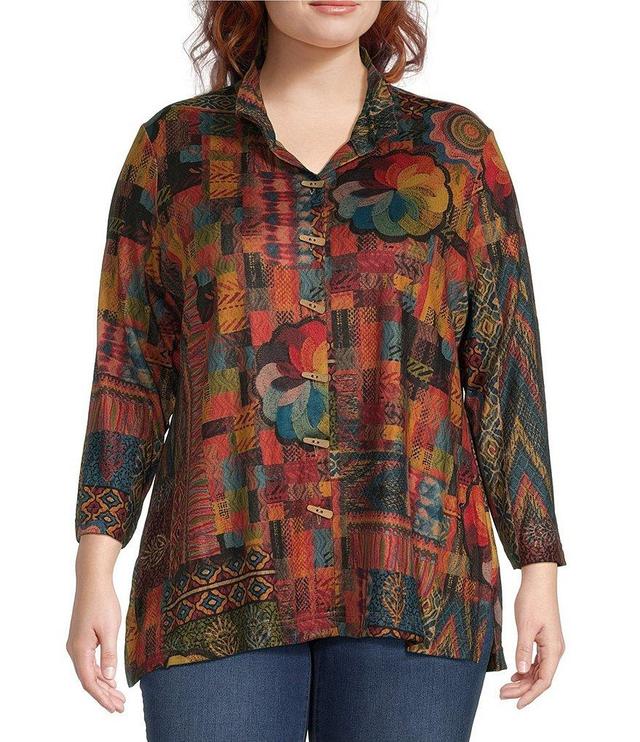 Ali Miles Plus Size Printed Brushed Knit Wire Collar 3/4 Sleeve A-Line Tunic Product Image