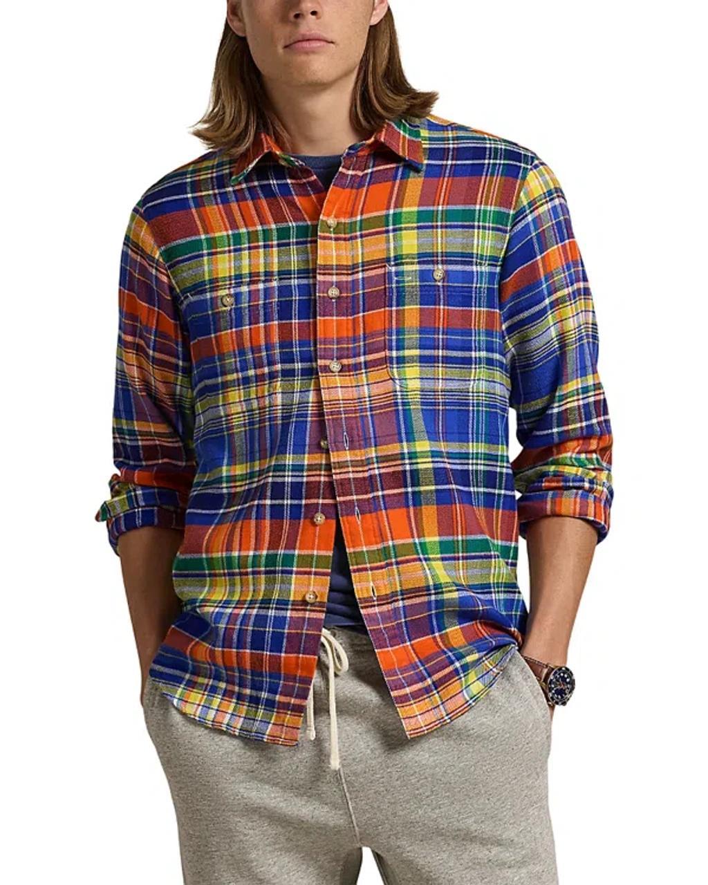 Cotton Twill Classic Fit Button Down Shirt In Orange/royal Multi Product Image