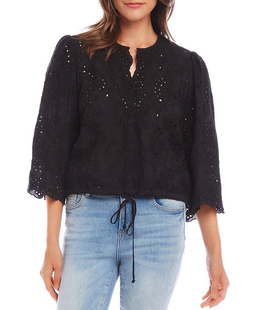 Karen Kane Embroidered Eyelet Split Neck Flouncy Sleeve Tie Waist Top Product Image