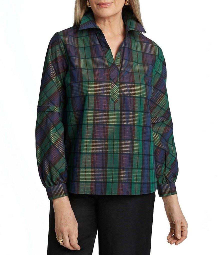 Foxcroft Frankie Plaid Y-Neck Long Sleeve Button Up Shirt Product Image