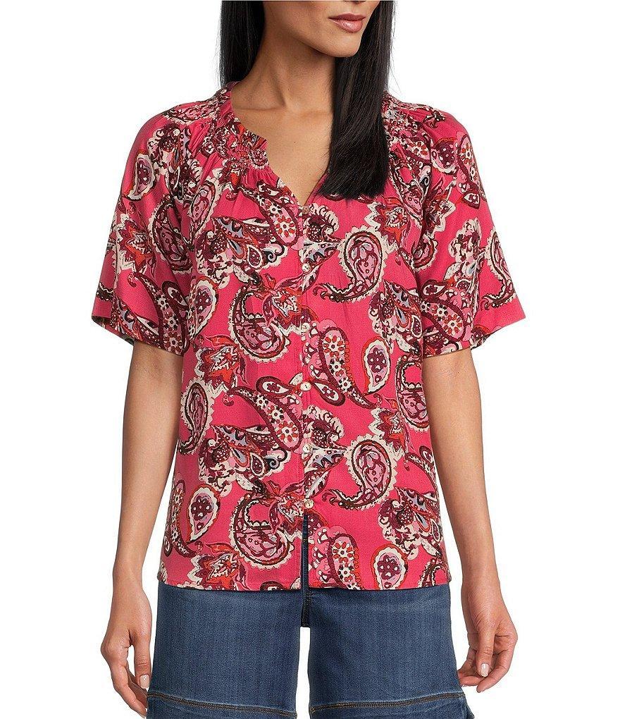 Westbound Woven Paisley Flutter Short Sleeve Y-Neck Button Front Top Product Image