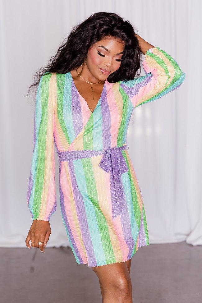 You're My Lover Pastel Multi Stripe Belted Sequin Mini Dress FINAL SALE Product Image