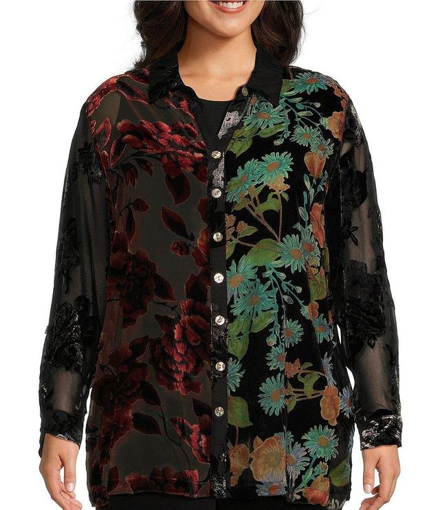 John Mark Plus Size Multi Burnout Velvet Embroidered Floral Point Collar 3/4 Roll-Tab Sleeve Button Front Tunic Product Image